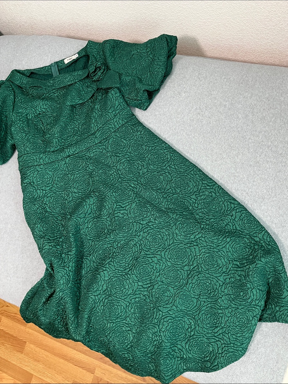 Green Retro Midi Dress 1XL Puff Floral Embossed Rockabilly Modest Christmas